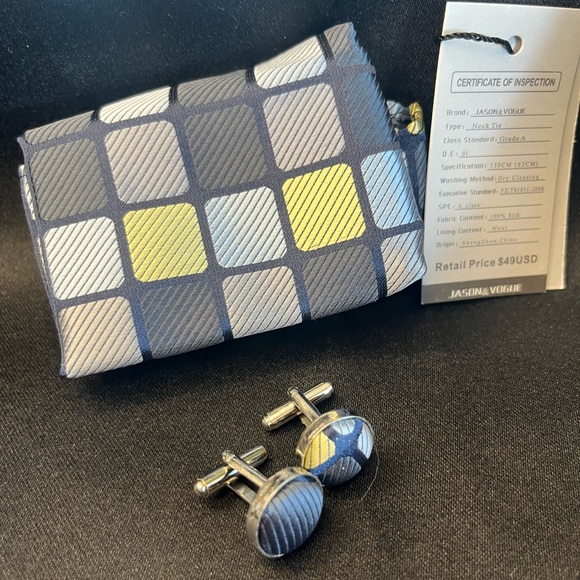 NWT-Silk Geometric Tie Set in Blue and Yellow - Picture 2 of 3